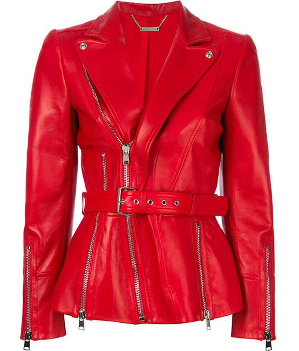 Women’s Belted Red Leather Jacket (3)