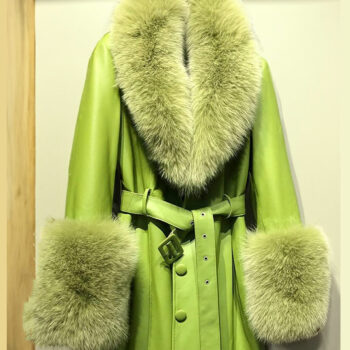 Fur Green Leather Trench Coat