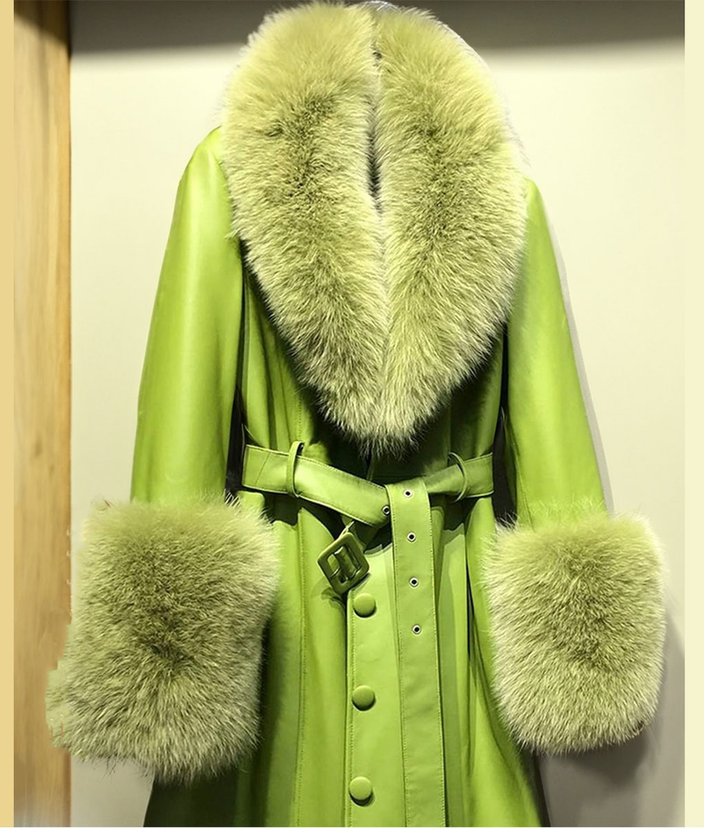 Womens Green Leather Fur Coat (1)