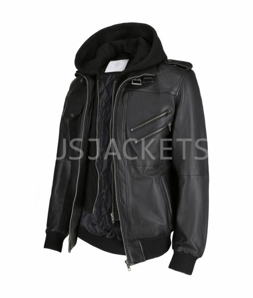 Ray Black Leather Hooded Jacket-3