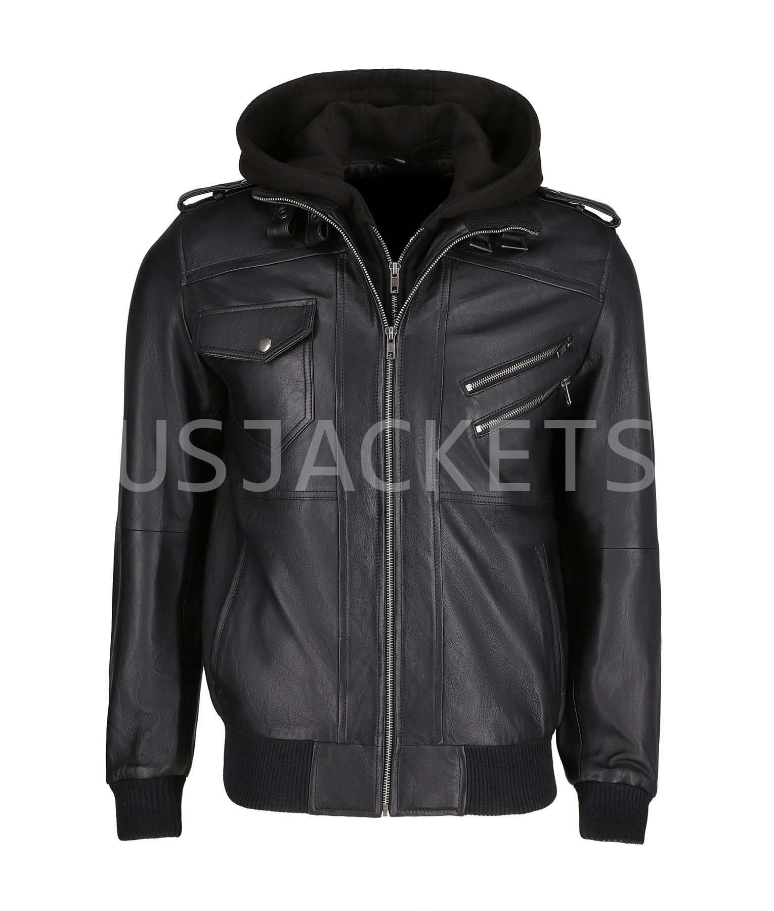 Black Leather Hooded Jacket (2)