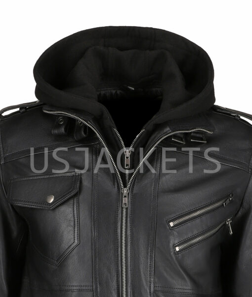 Ray Black Leather Hooded Jacket-6