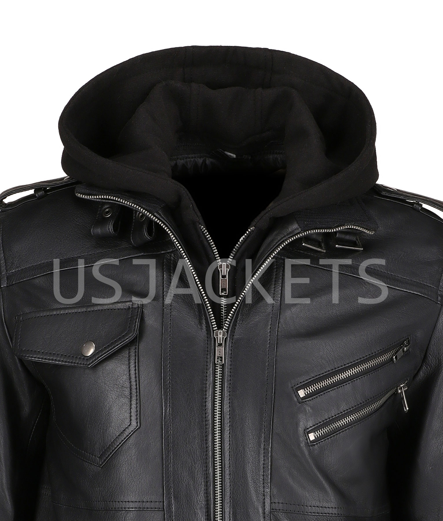 Black Leather Hooded Jacket (4)