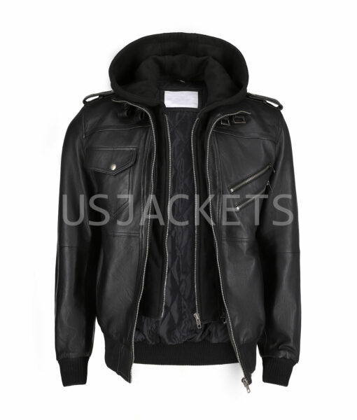 Ray Black Leather Hooded Jacket-2