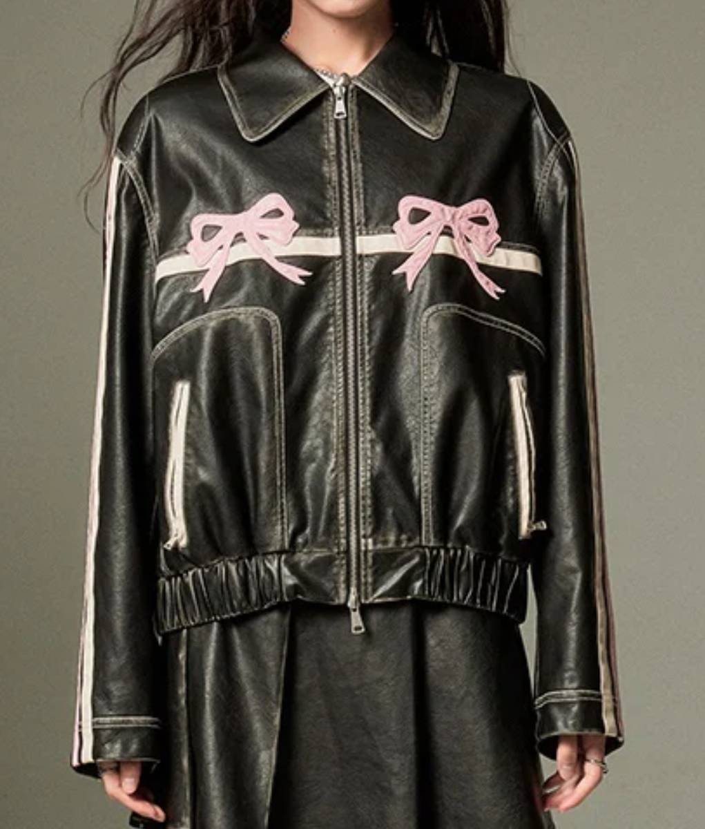 Bowknot Black Leather Jacket (2)