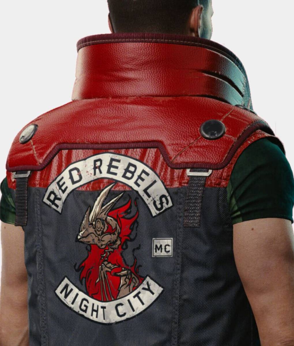 Cyberpunk 2077: Phantom Liberty Rarog (Night City) Vest | Red Rebels Stand Up Leather Collar Vest – Close Up – 1
