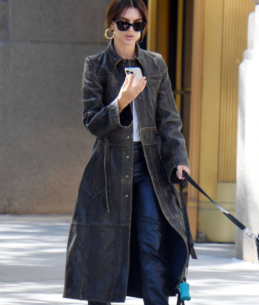 Emily Ratajkowski Leather Coat (1)