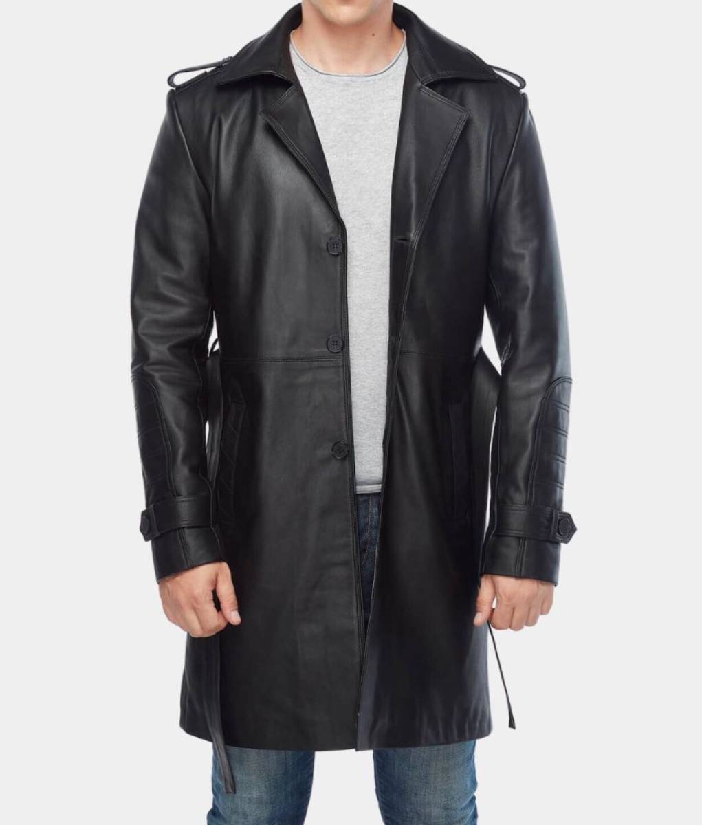 Silent Night Godlock Black Leather Jacket – 3/4 Length Car Coat with Waist Belt – Front View – 1