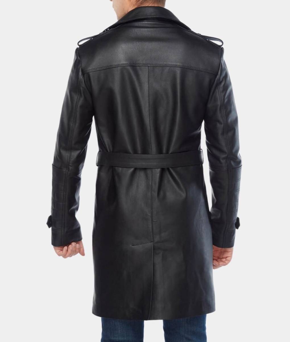 Silent Night Godlock Black Leather Jacket – 3/4 Length Car Coat with Waist Belt – Back View – 1