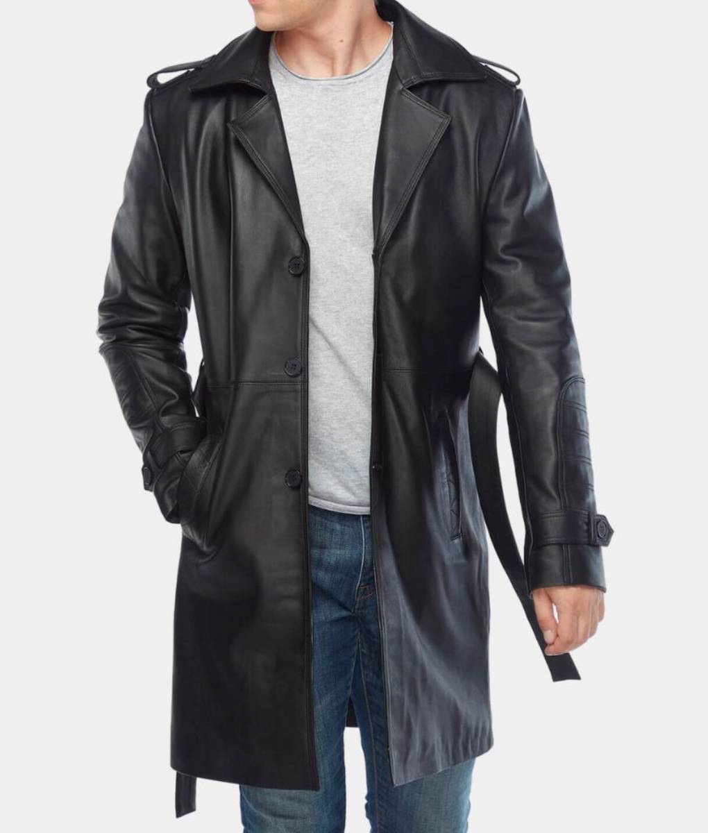 Silent Night Godlock Black Leather Jacket – 3/4 Length Car Coat with Waist Belt – Posture View – 1