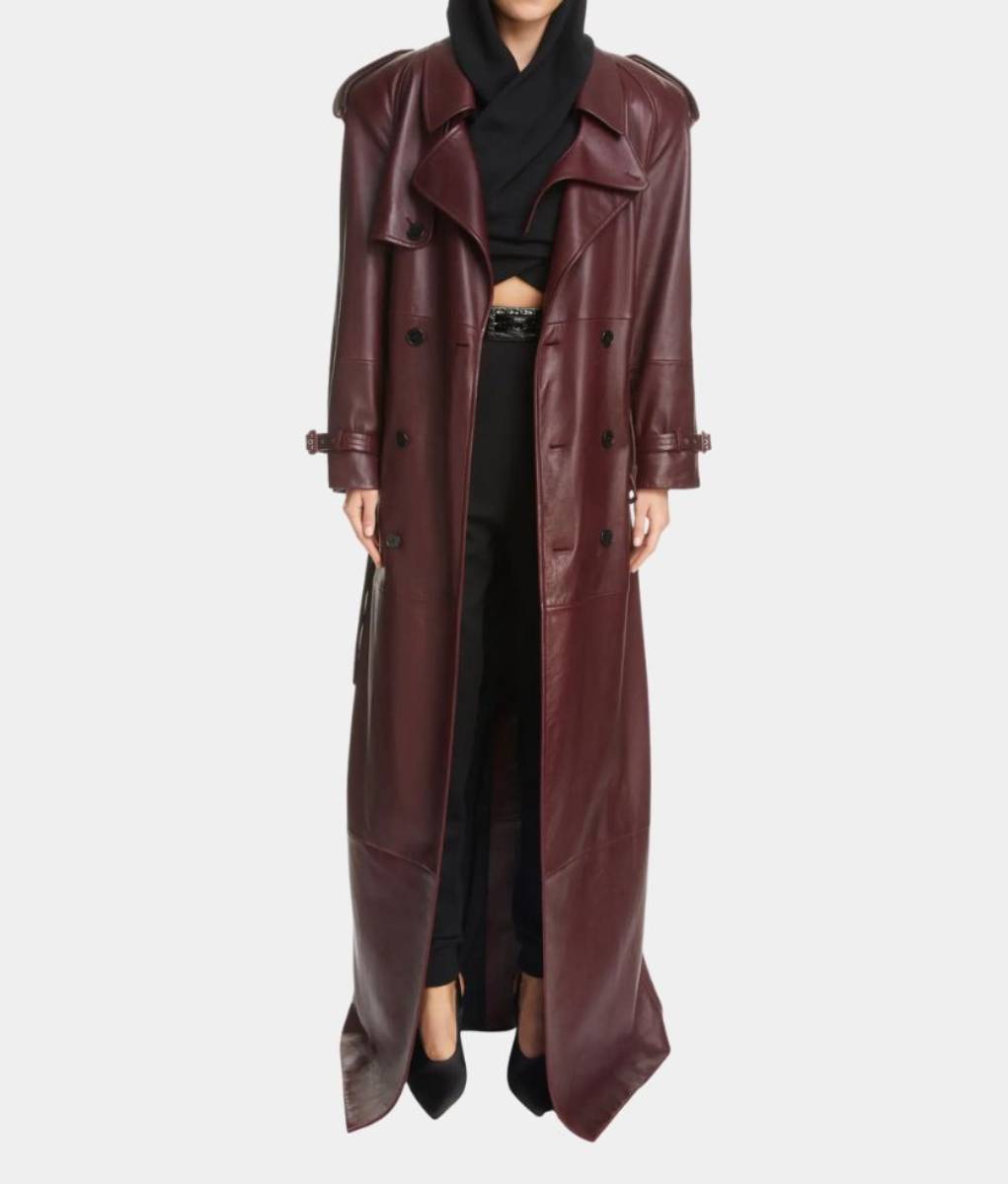 AHS Delicate Kim Kardashian aka Siobhan Walsh Seinfeld Long Burgundy Leather Coat – Front View – 1