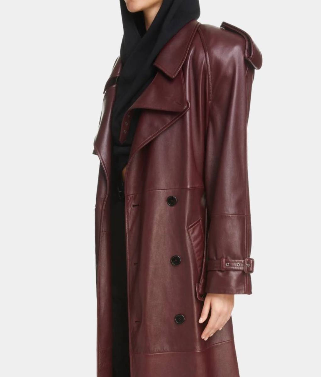 AHS Delicate Kim Kardashian aka Siobhan Walsh Seinfeld Long Burgundy Leather Coat – Right View – 1