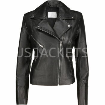 Ladies Black Leather Cafe Racer Biker Jacket-5