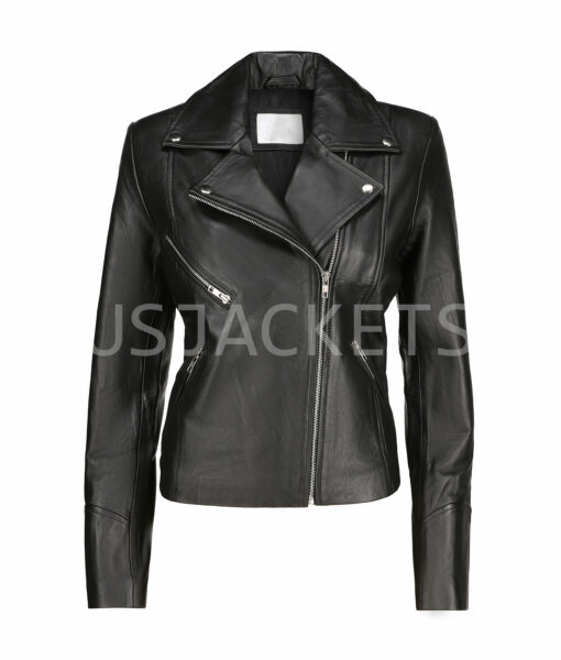 Ladies Black Leather Cafe Racer Biker Jacket-5