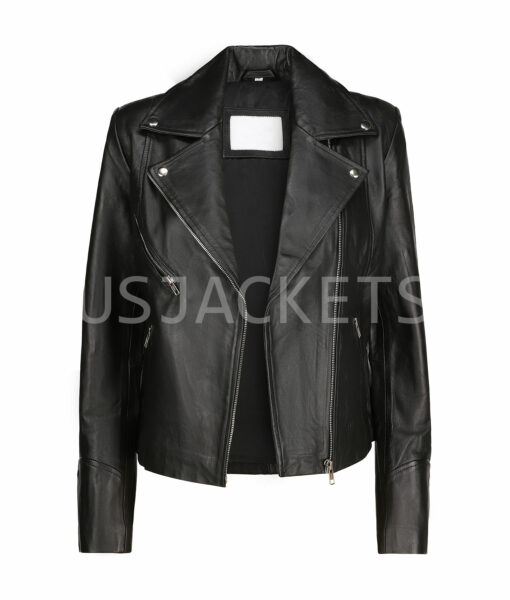 Ladies Black Leather Cafe Racer Biker Jacket-1