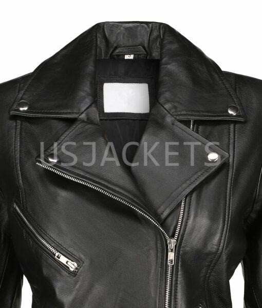 Ladies Black Leather Cafe Racer Biker Jacket-3