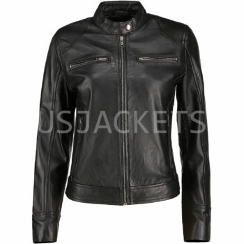 Ladies Cafe Racer Black Leather Biker Jacket-3