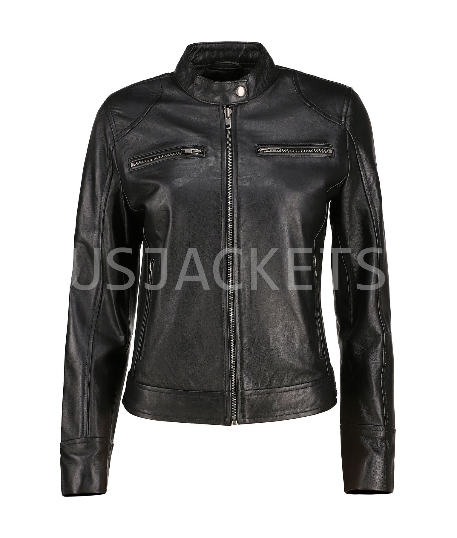 Ladies Cafe Racer Black Leather Jacket (2)