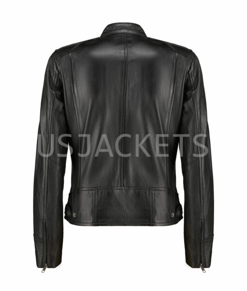 Ladies Cafe Racer Black Leather Biker Jacket-4