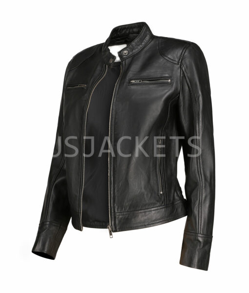 Ladies Cafe Racer Black Leather Biker Jacket-6
