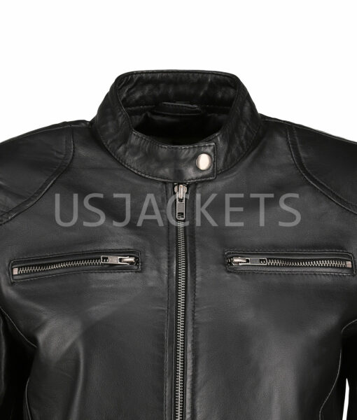 Ladies Cafe Racer Black Leather Biker Jacket-1