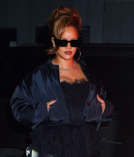 Rihanna Navy Blue Crop Satin Jacket-1