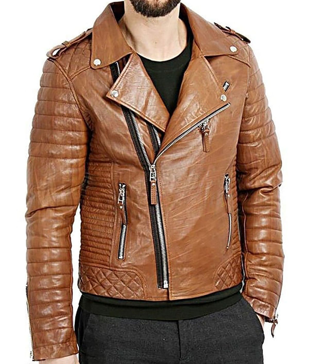 Mens Asymmetrical Brown Leather Jacket