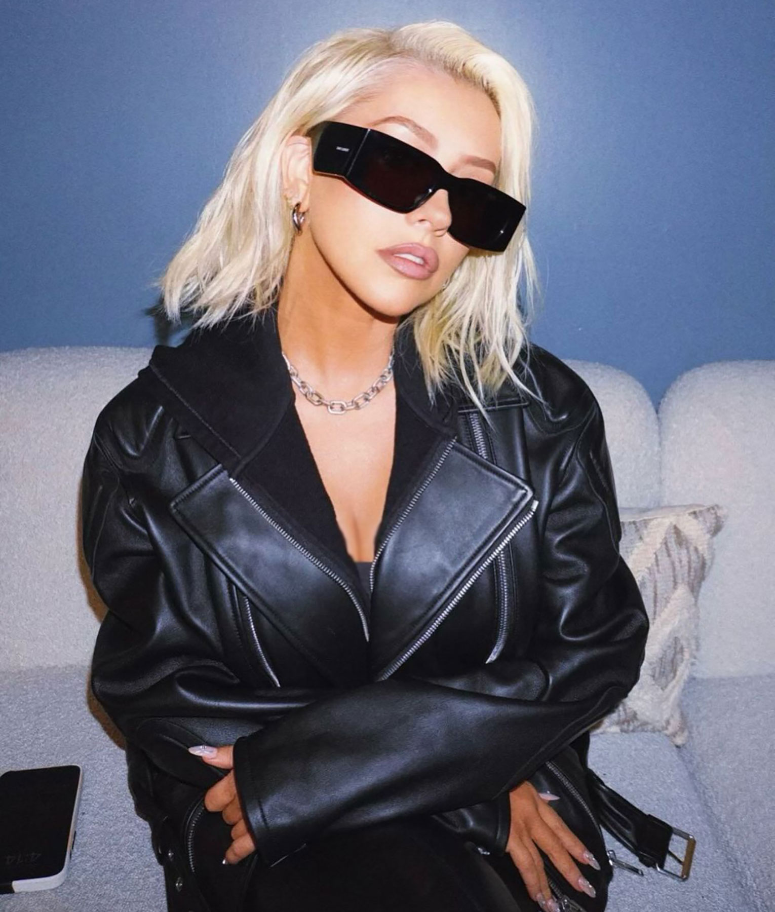 Christina Aguilera Belted Black Leather Jacket-2