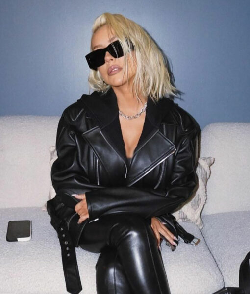 Christina Aguilera Belted Black Leather Jacket-1
