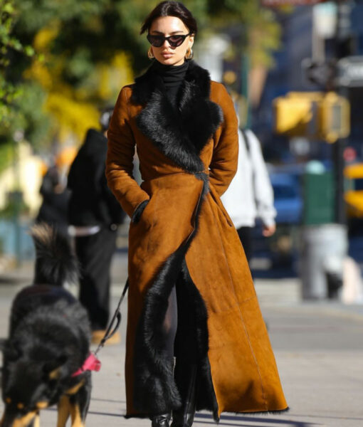 Emily Ratajkowski Suede Leather Fur Coat