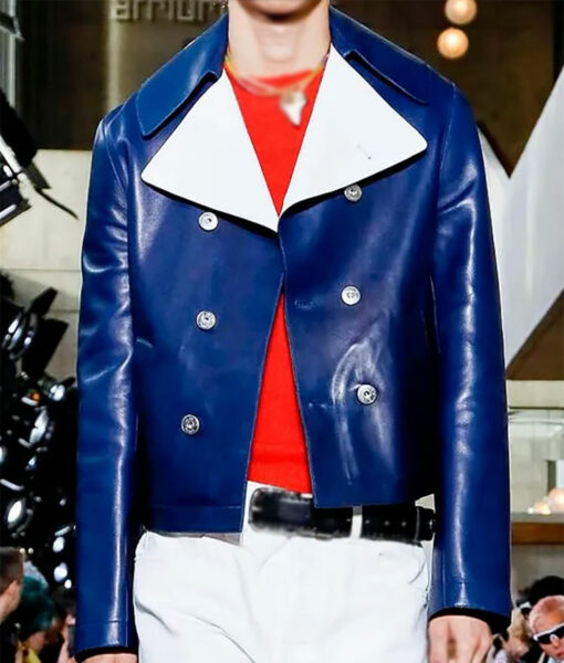 Nick jonas White Lapel Collar Blue Leather Jacket