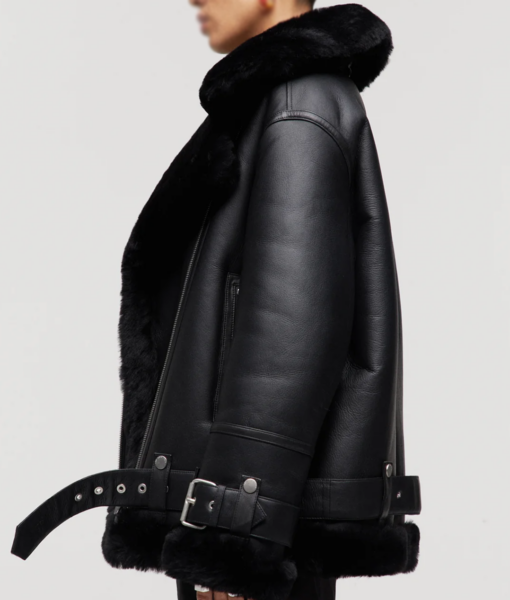 Women’s Aviator Black Leather Fur Jacket-3