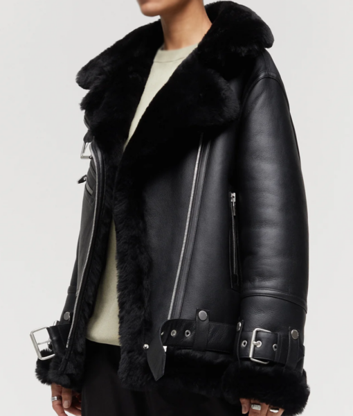 Women’s Aviator Black Leather Fur Jacket-1