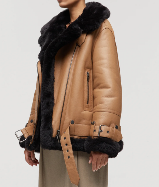 Women’s Aviator Brown Leather Fur Jacket-4