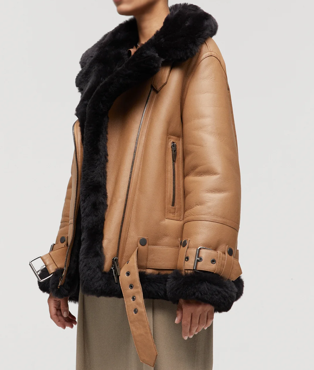 Women’s Aviator Fur Leather Jacket (4)
