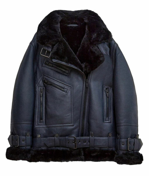Women’s Aviator Blue Leather Fur Jacket