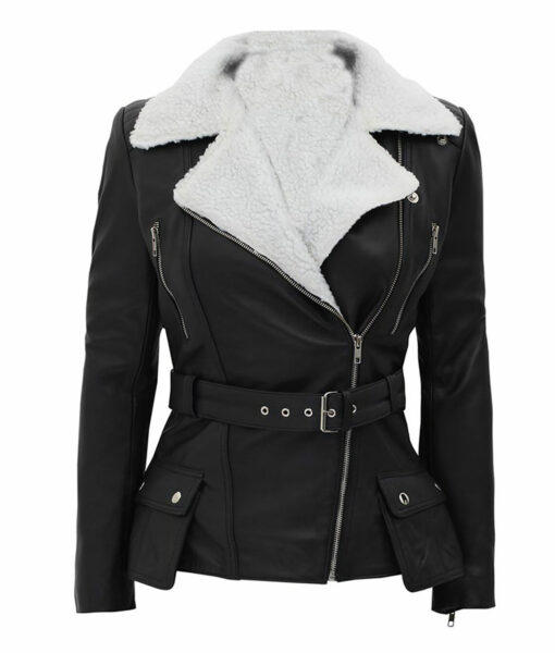 Womens Fur Collar Black Leather Biker Jacket