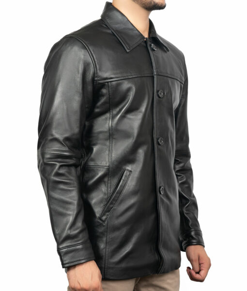 Black Leather Classic Short Length Trench Coat-4