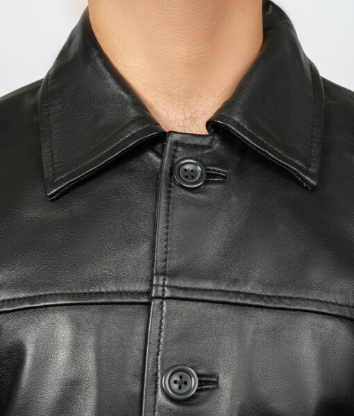 Black Leather Classic Short Length Trench Coat-2