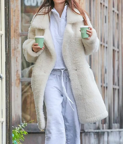 Emily Ratajkowski White Fluffy Fur Coat-5