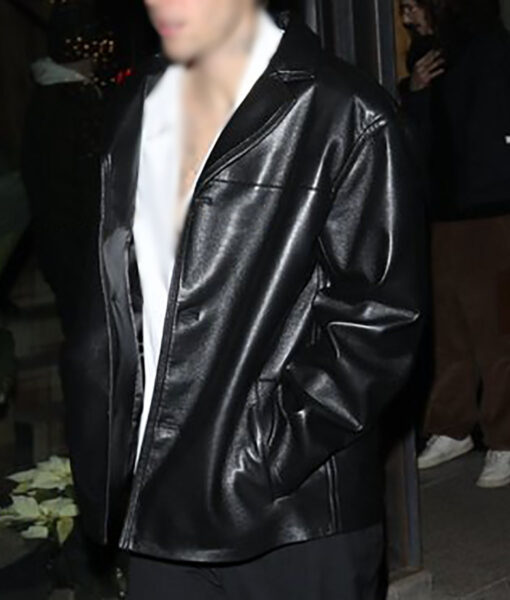 Justin Bieber Short Black Leather Coat-3