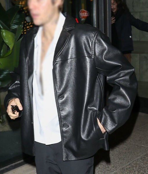 Justin Bieber Short Black Leather Coat-2