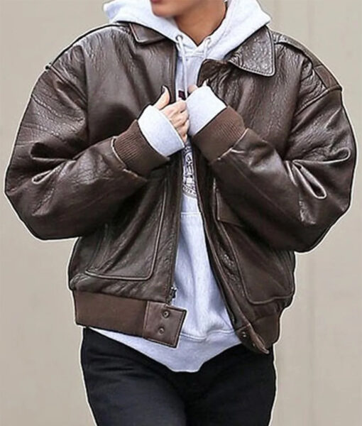 Kendall Jenner Brown Leather Bomber Jacket