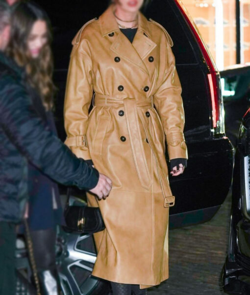 Taylor Swift Zero Bond Brown Leather Trench Coat