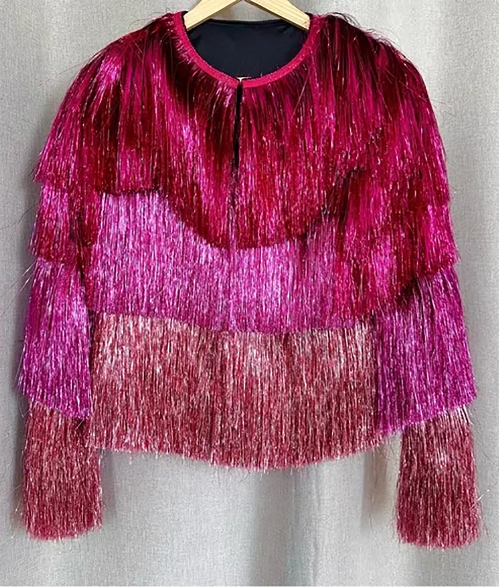 Alison Oliver Saltburn Fringe Pink Jacket (1)