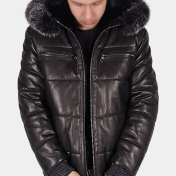 Ambrose Black Leather Hooded Puffer Jacket