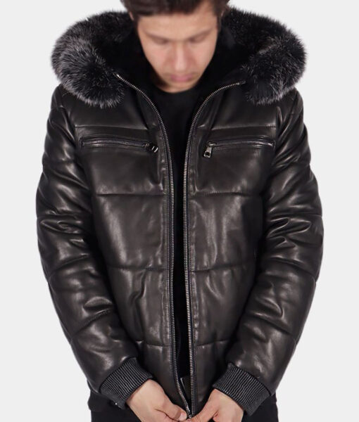 Ambrose Black Leather Hooded Puffer Jacket