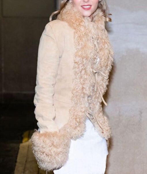 AnnaSophia Robb Beige Leather with fur Jacket-1
