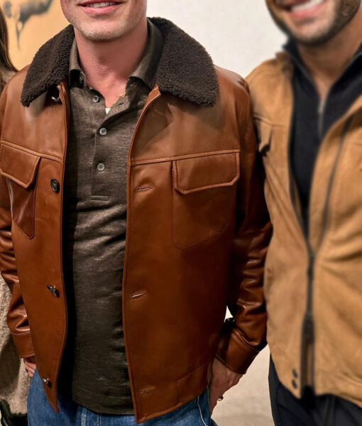 Brad Pitt Art Exhibit Brown Leather Shearling Jacket