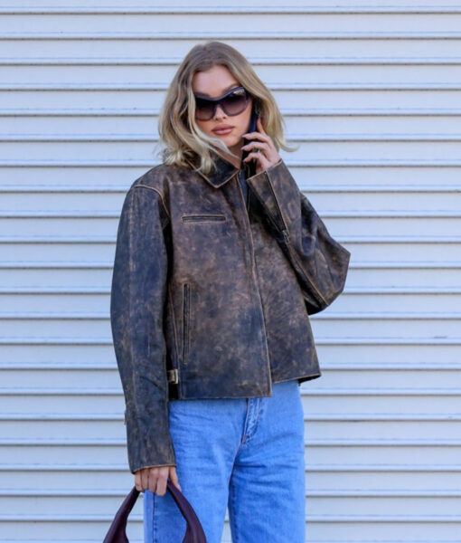 Elsa Hosk Distressed Brown Leather Jacket-1